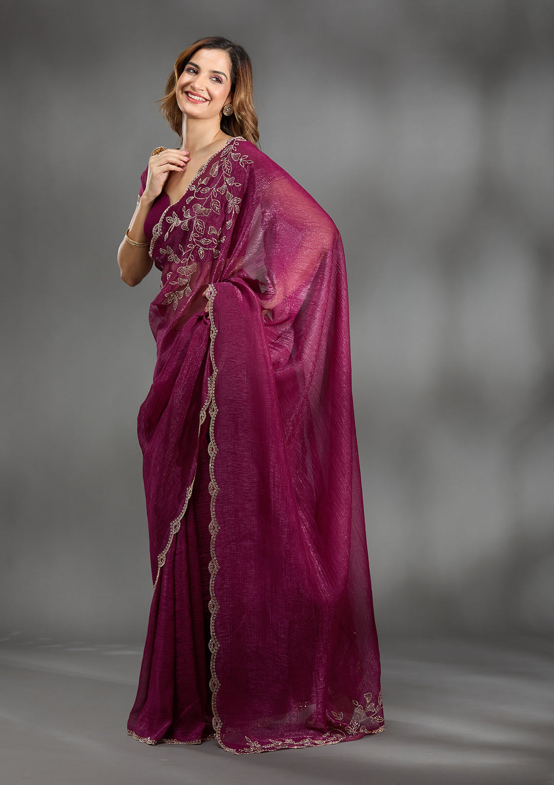 Wine Georgette Gold Stonework Saree With Matching Blouse Piece