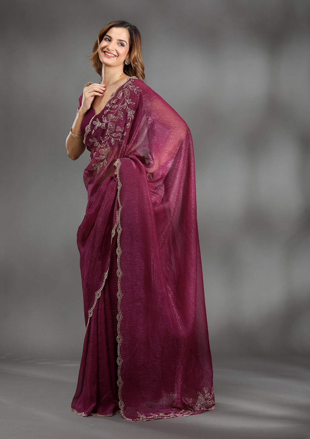 Wine Georgette Gold Stonework Saree With Matching Blouse Piece