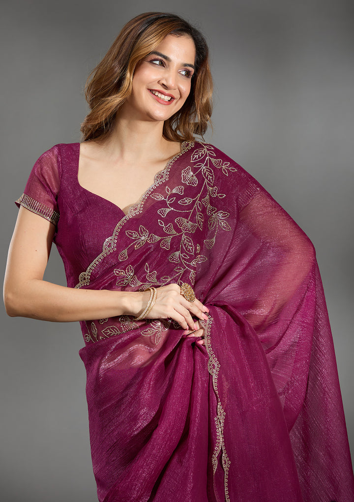 Wine Georgette Gold Stonework Saree With Matching Blouse Piece