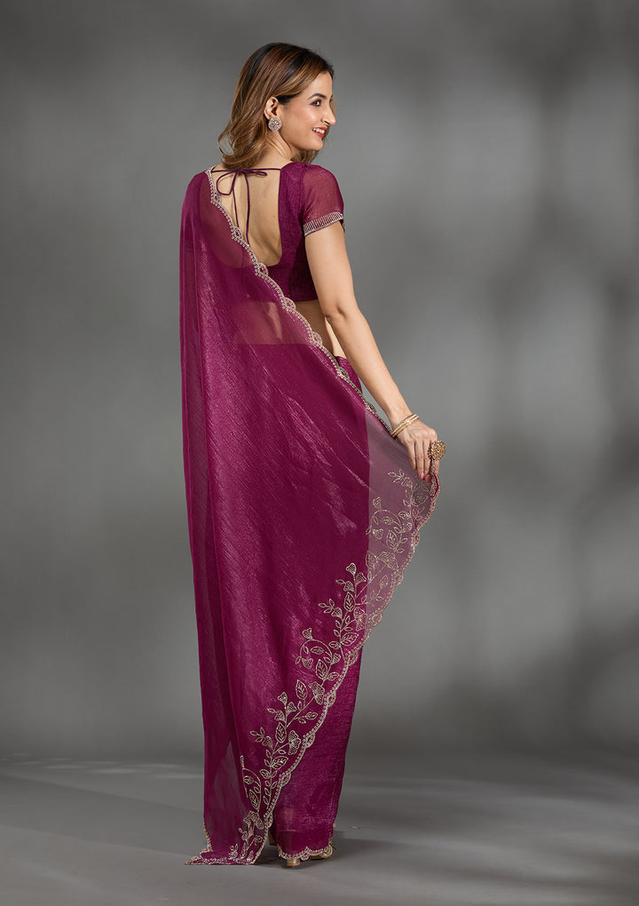 Wine Georgette Gold Stonework Saree With Matching Blouse Piece