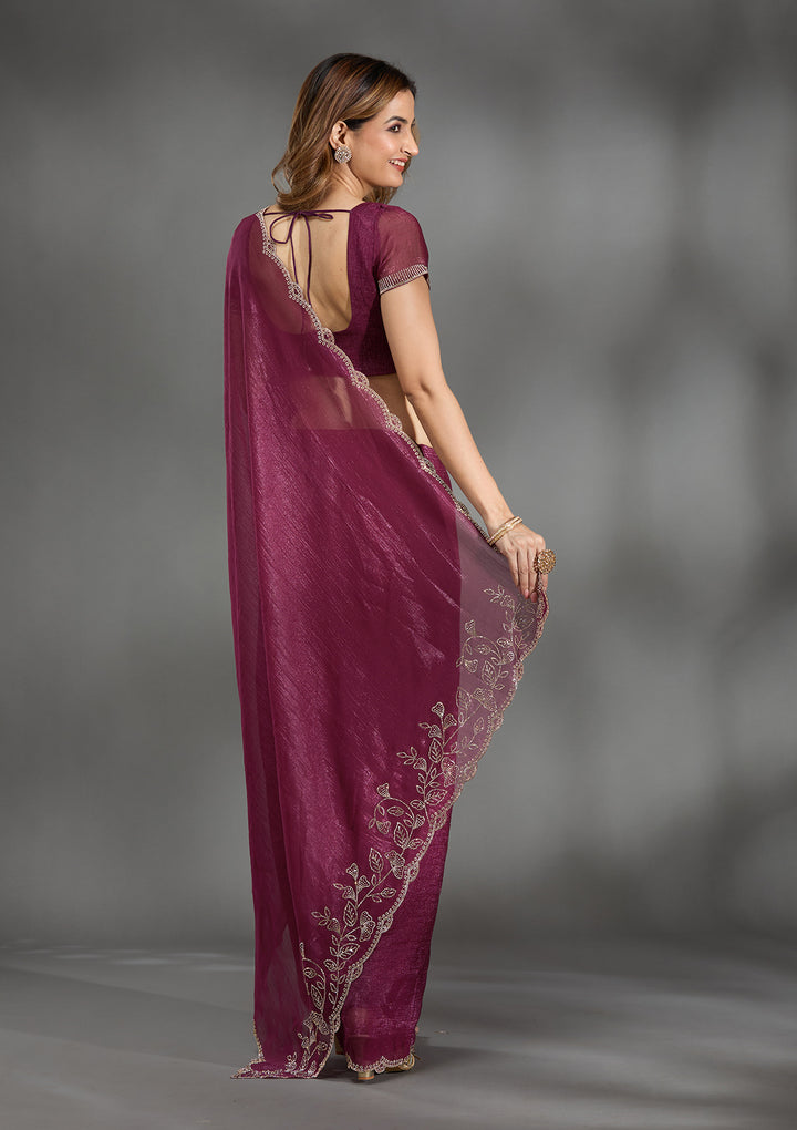 Wine Georgette Gold Stonework Saree With Matching Blouse Piece