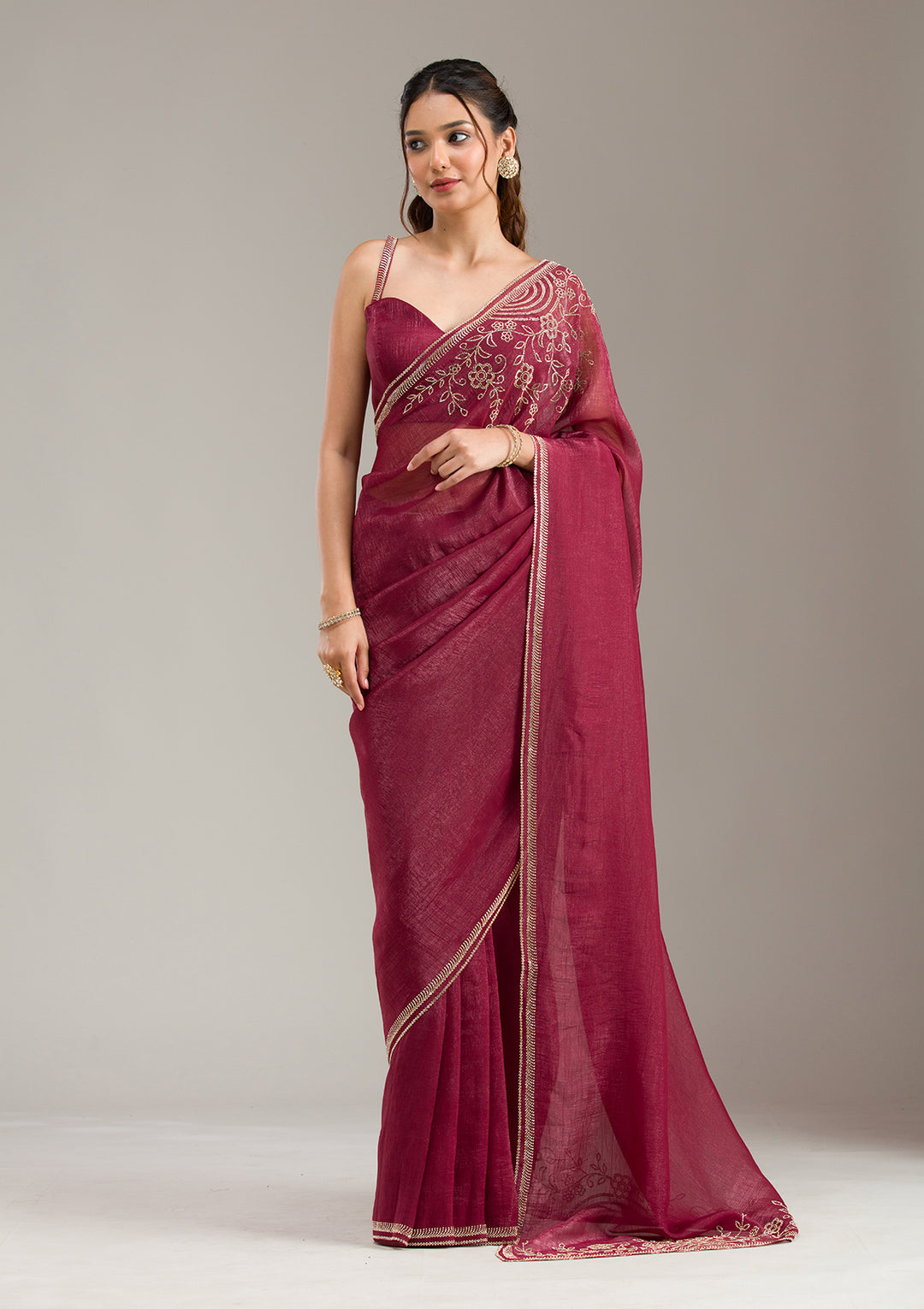 Maroon Tissue Gold Stonework Saree With Matching Blouse Piece