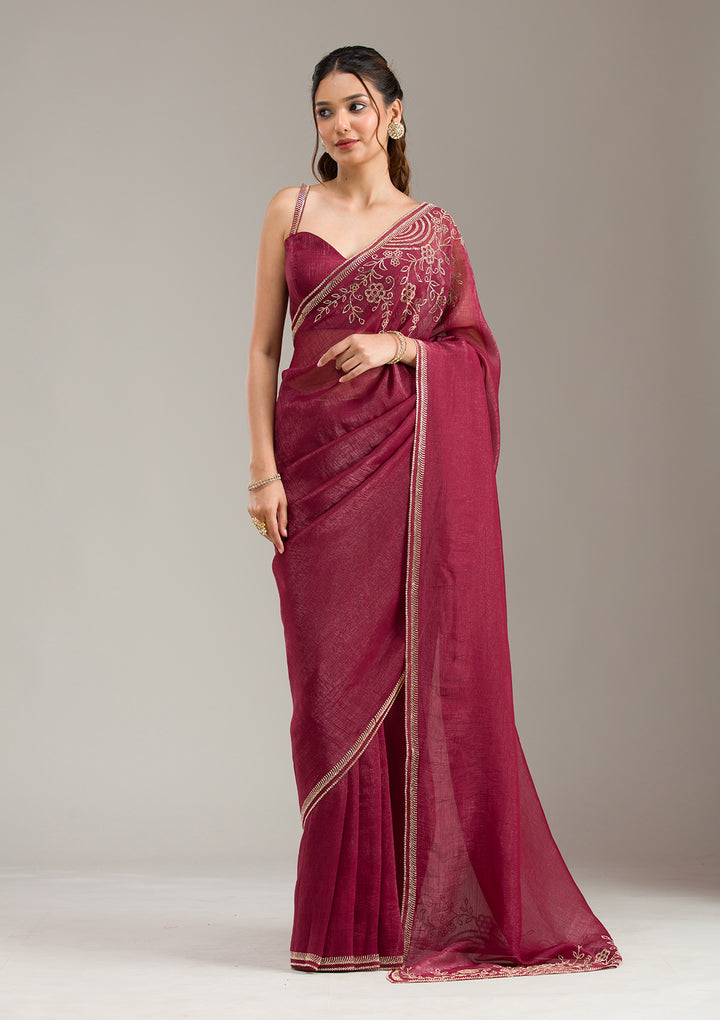 Maroon Tissue Gold Stonework Saree With Matching Blouse Piece