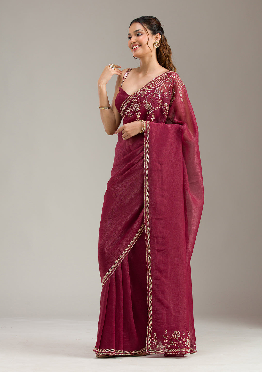 Maroon Tissue Gold Stonework Saree With Matching Blouse Piece