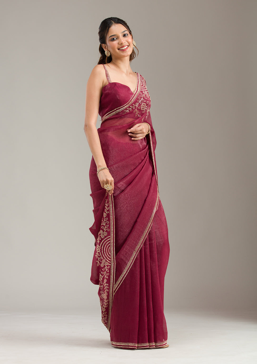 Maroon Tissue Gold Stonework Saree With Matching Blouse Piece