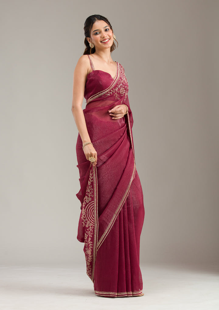 Maroon Tissue Gold Stonework Saree With Matching Blouse Piece