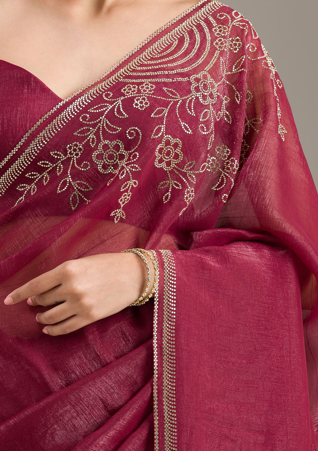 Maroon Tissue Gold Stonework Saree With Matching Blouse Piece