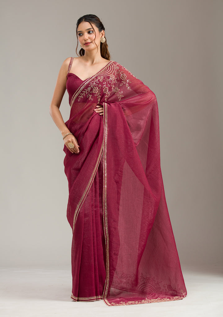Maroon Tissue Gold Stonework Saree With Matching Blouse Piece