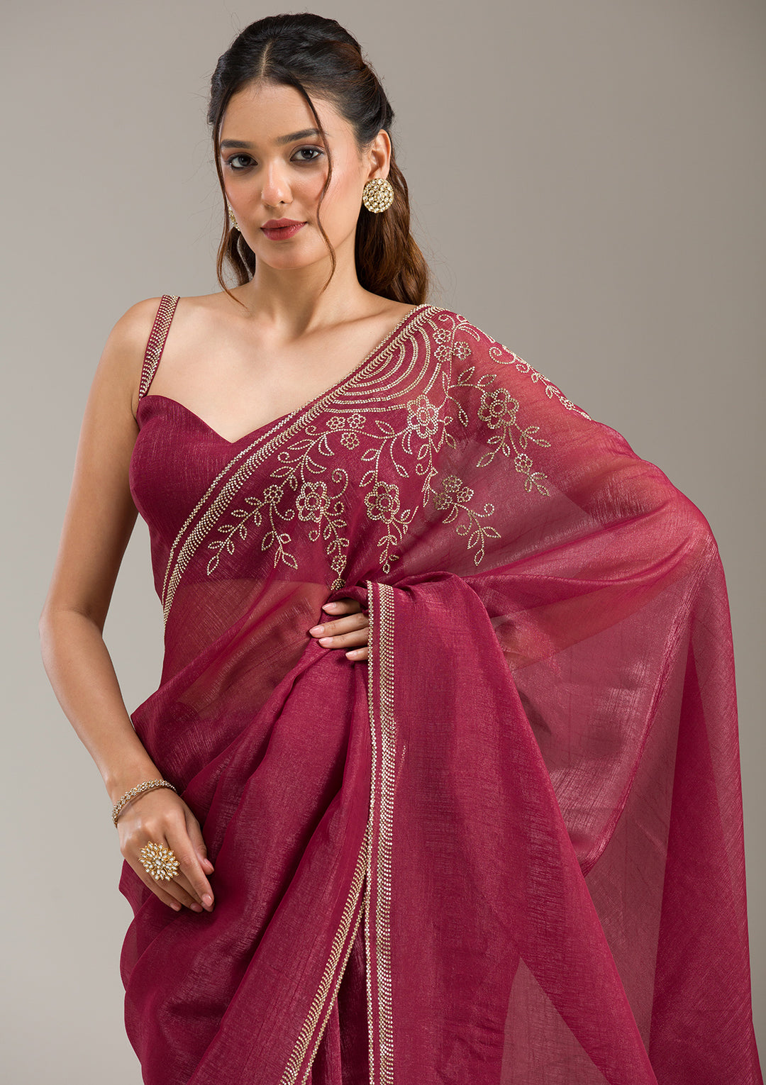 Maroon Tissue Gold Stonework Saree With Matching Blouse Piece