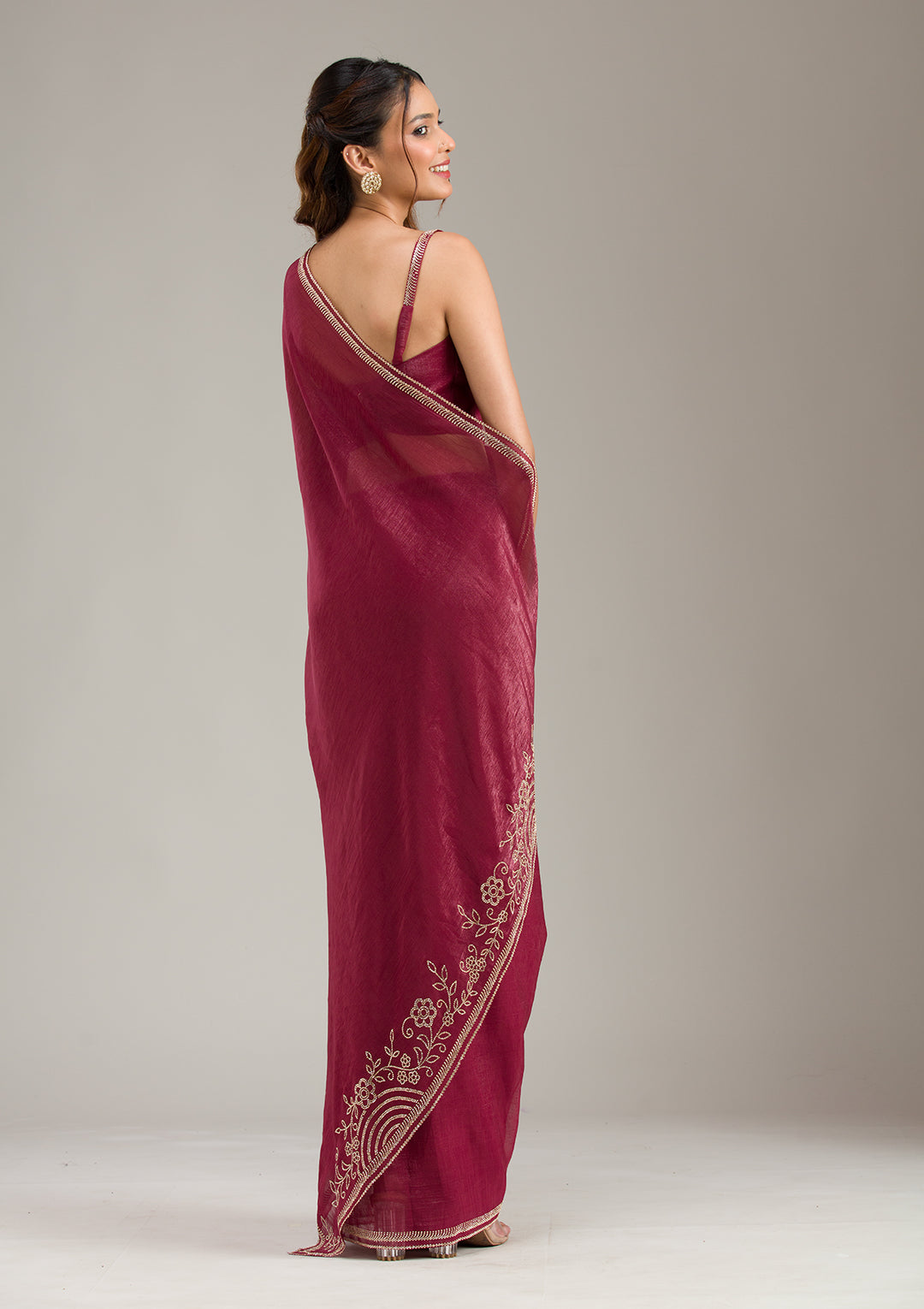 Maroon Tissue Gold Stonework Saree With Matching Blouse Piece