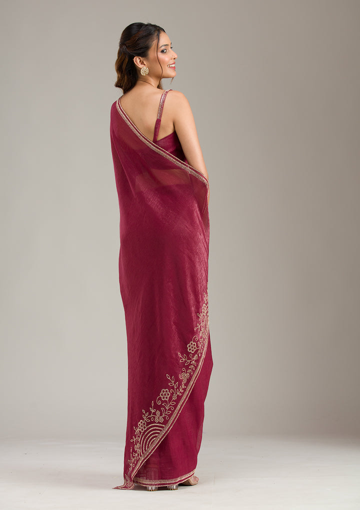 Maroon Tissue Gold Stonework Saree With Matching Blouse Piece