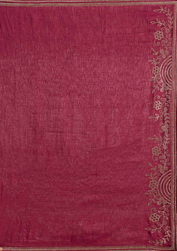 Maroon Tissue Gold Stonework Saree With Matching Blouse Piece
