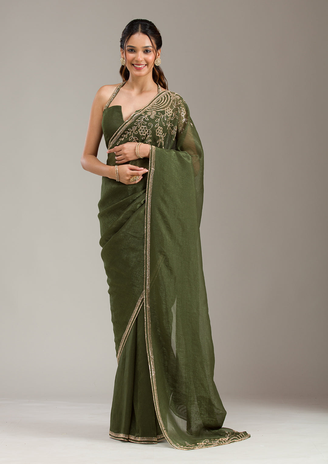 Mehendi Tissue Gold Stonework Saree With Matching Blouse Piece