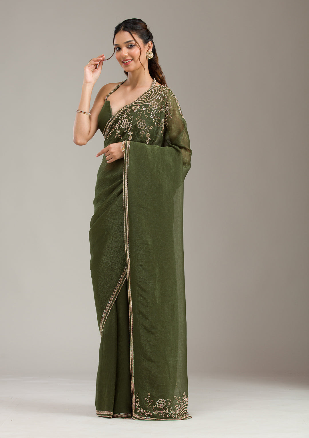 Mehendi Tissue Gold Stonework Saree With Matching Blouse Piece