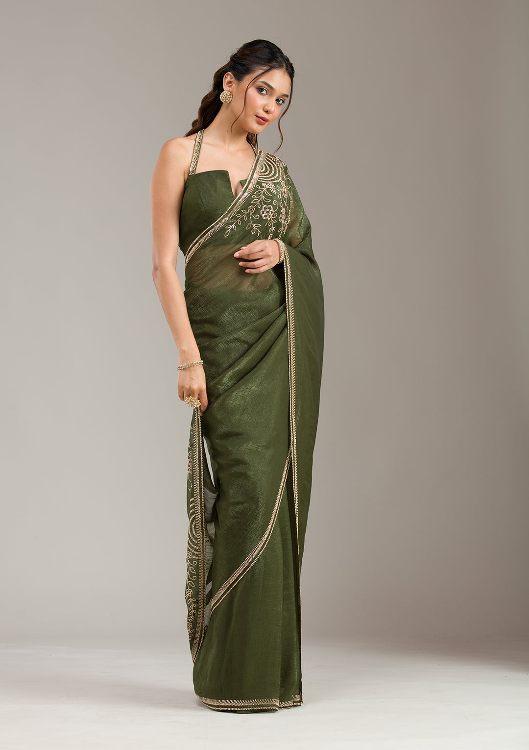 Mehendi Tissue Gold Stonework Saree With Matching Blouse Piece