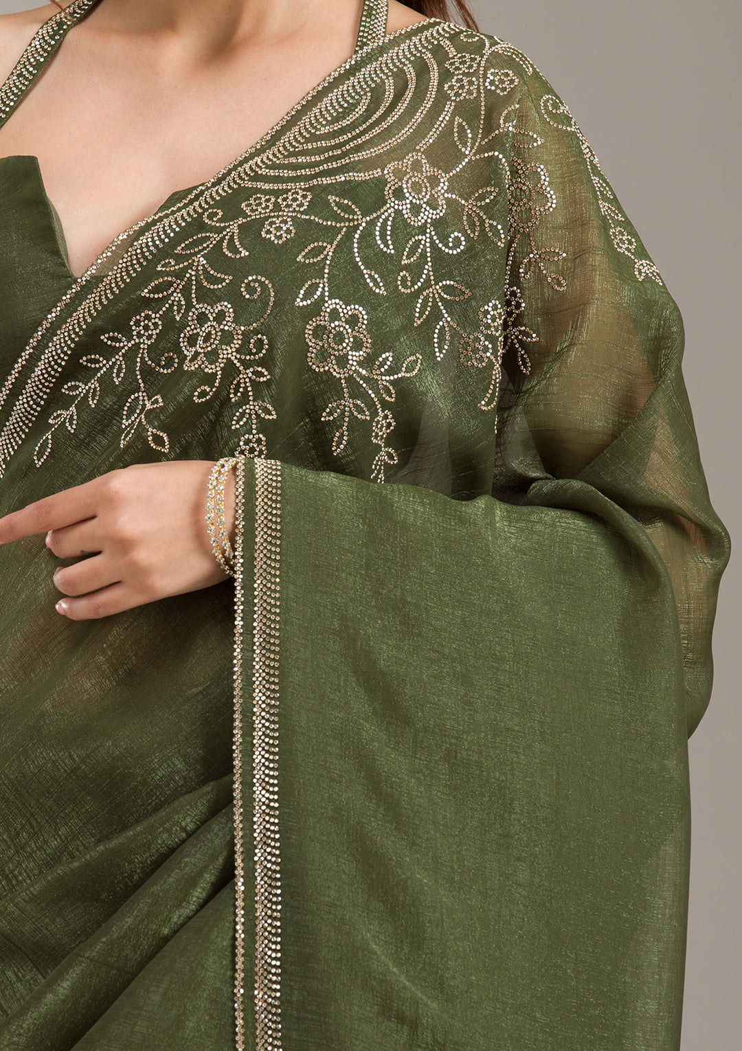 Mehendi Tissue Gold Stonework Saree With Matching Blouse Piece