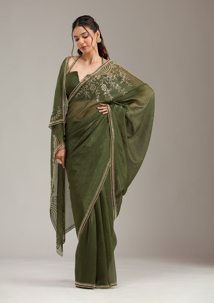 Mehendi Tissue Gold Stonework Saree With Matching Blouse Piece