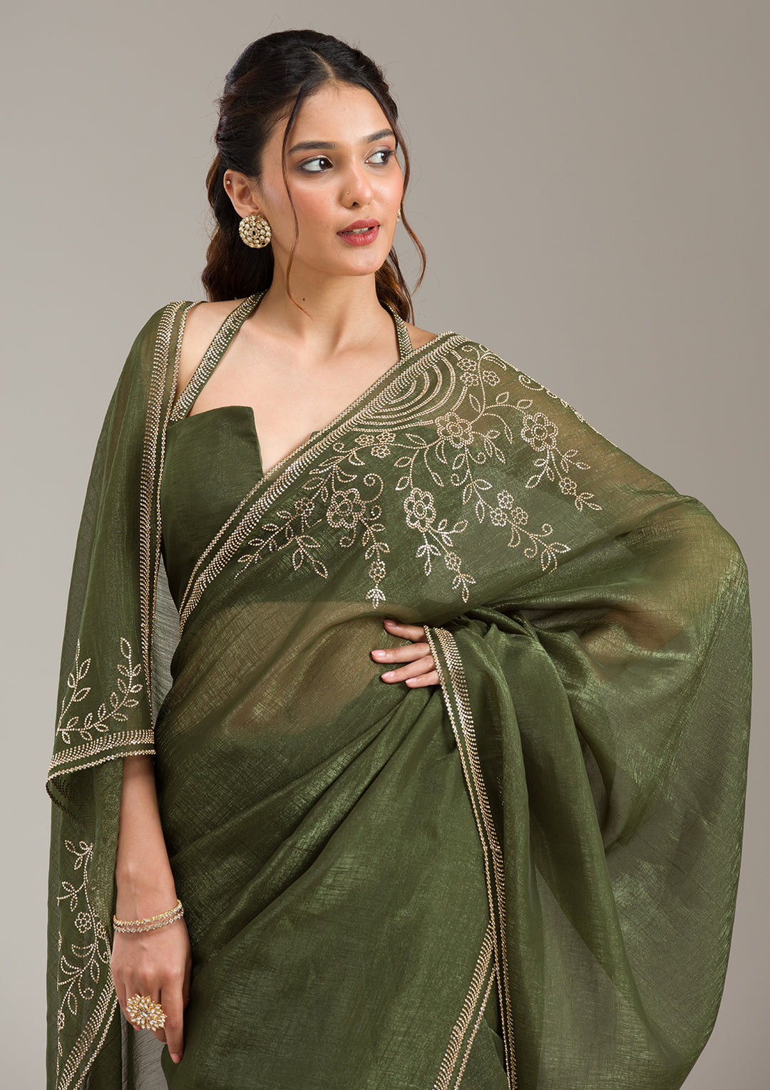 Mehendi Tissue Gold Stonework Saree With Matching Blouse Piece