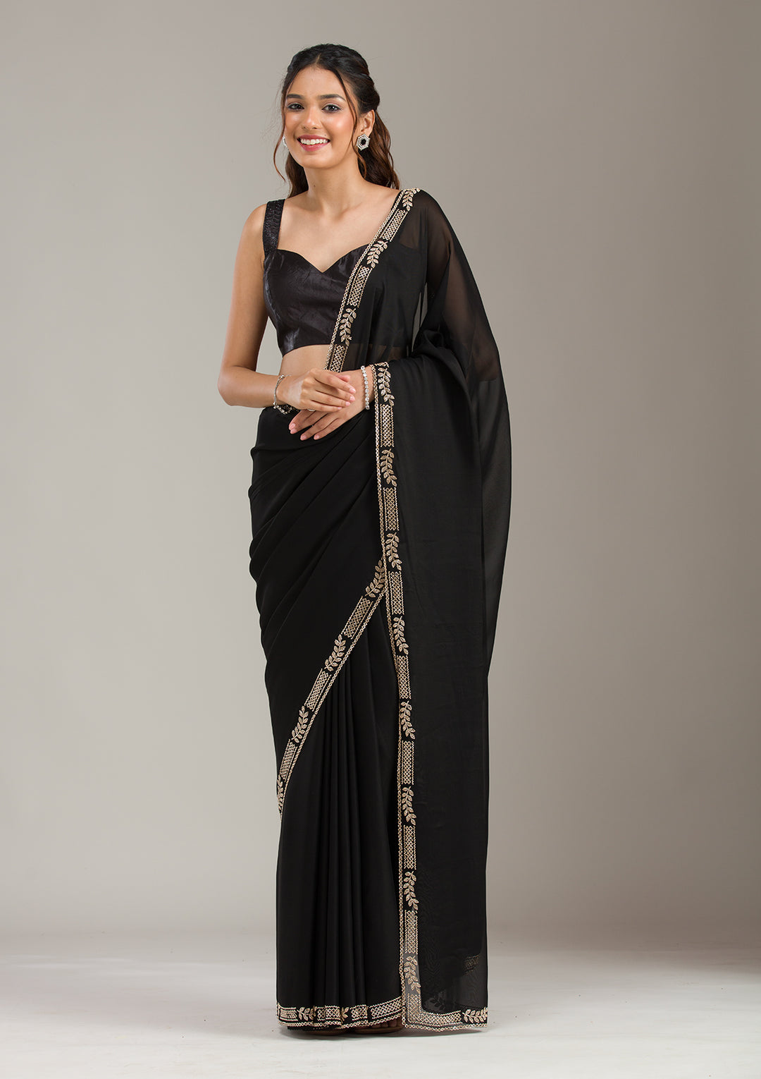 Black Georgette Gold Stonework Saree With Matching Blouse Piece