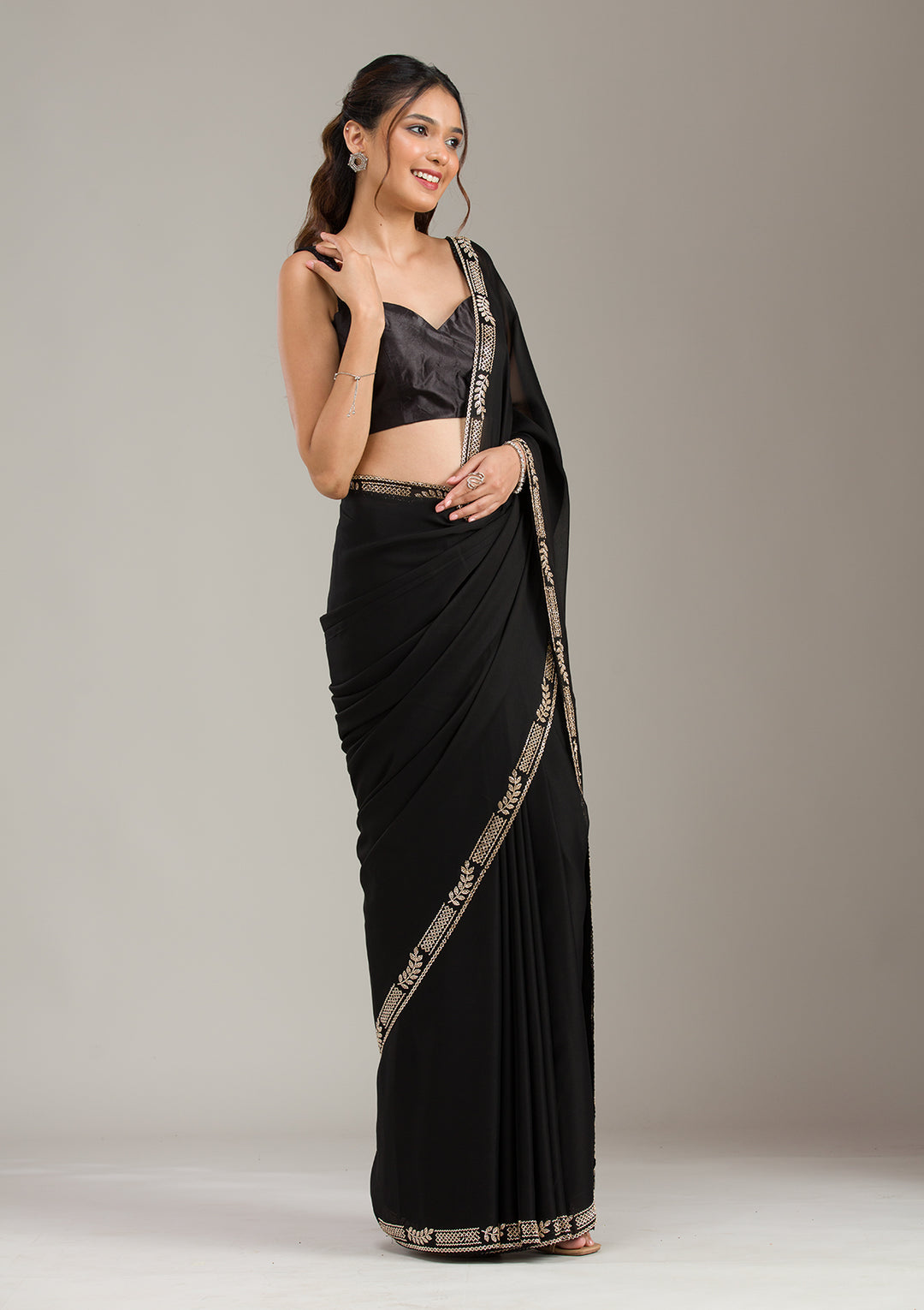 Black Georgette Gold Stonework Saree With Matching Blouse Piece
