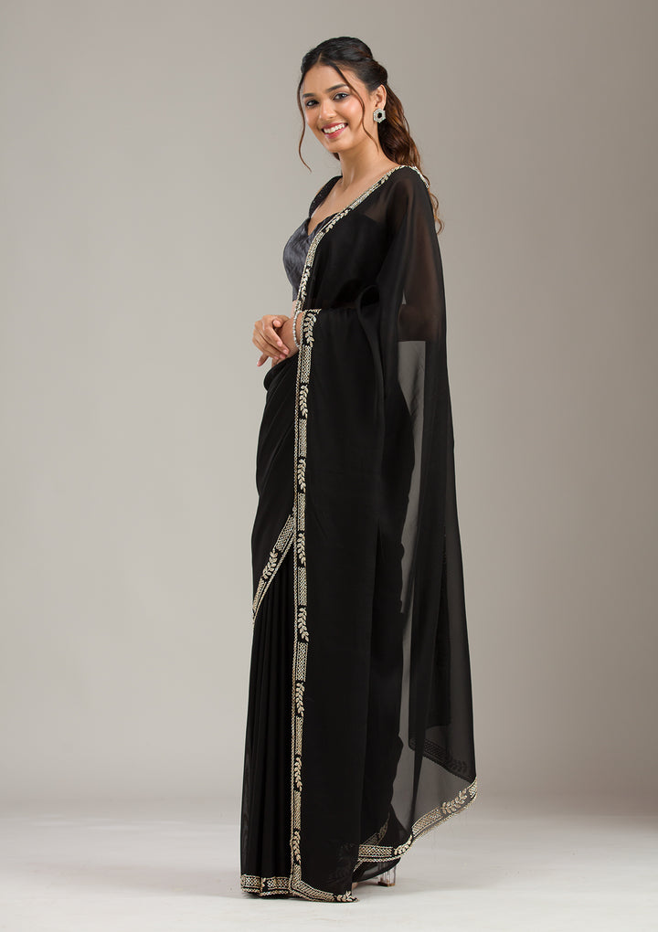 Black Georgette Gold Stonework Saree With Matching Blouse Piece