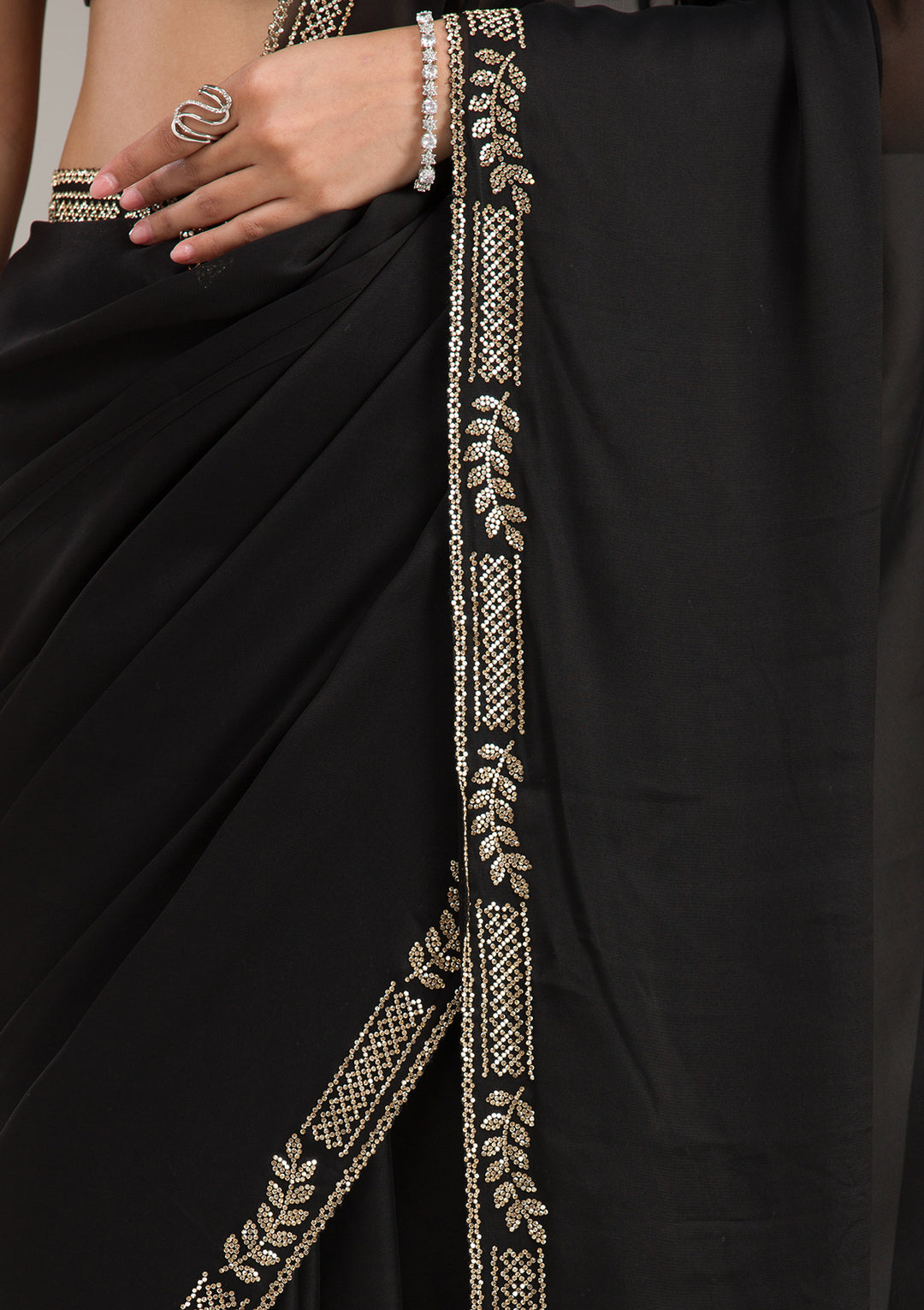 Black Georgette Gold Stonework Saree With Matching Blouse Piece