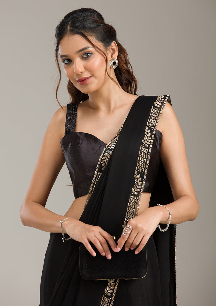 Black Georgette Gold Stonework Saree With Matching Blouse Piece