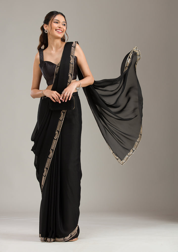 Black Georgette Gold Stonework Saree With Matching Blouse Piece
