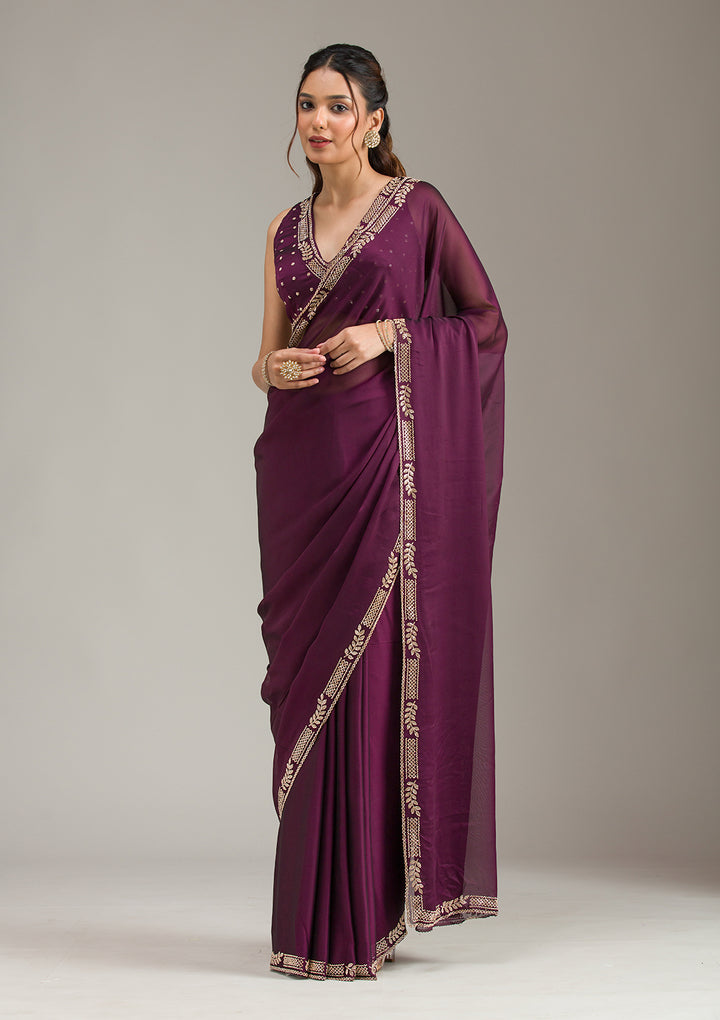 Wine Georgette Gold Stonework Saree With Matching Blouse Piece