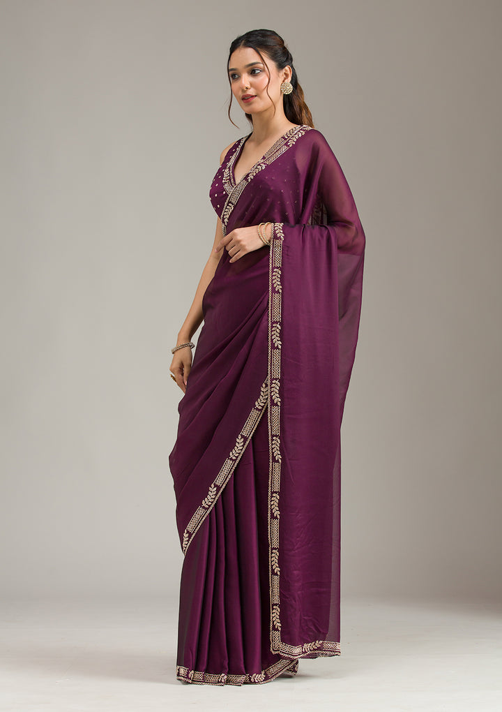 Wine Georgette Gold Stonework Saree With Matching Blouse Piece