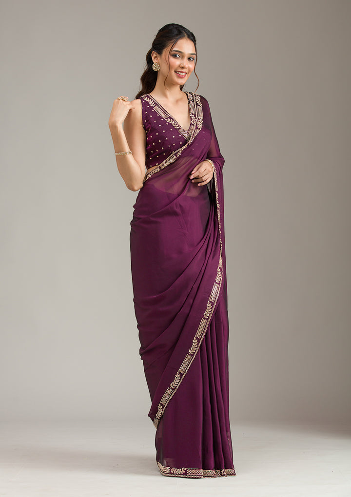 Wine Georgette Gold Stonework Saree With Matching Blouse Piece