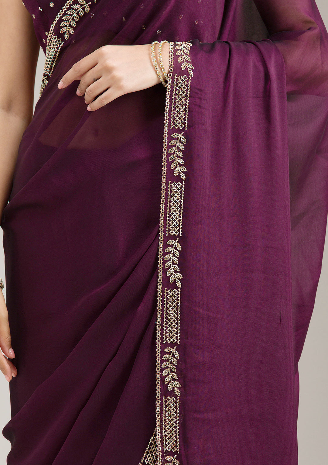 Wine Georgette Gold Stonework Saree With Matching Blouse Piece