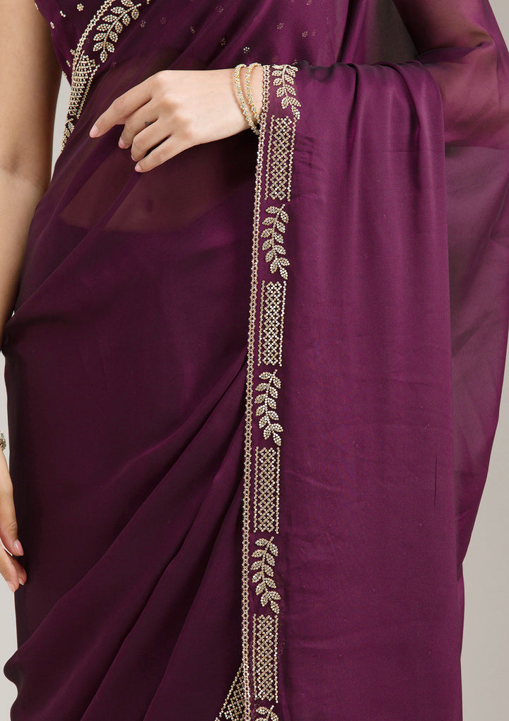 Wine Georgette Gold Stonework Saree With Matching Blouse Piece