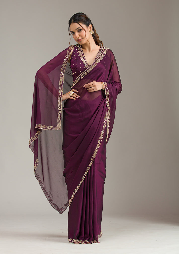 Wine Georgette Gold Stonework Saree With Matching Blouse Piece