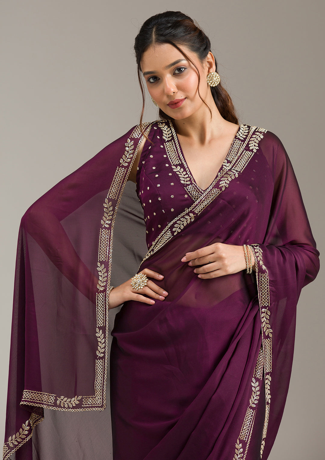 Wine Georgette Gold Stonework Saree With Matching Blouse Piece