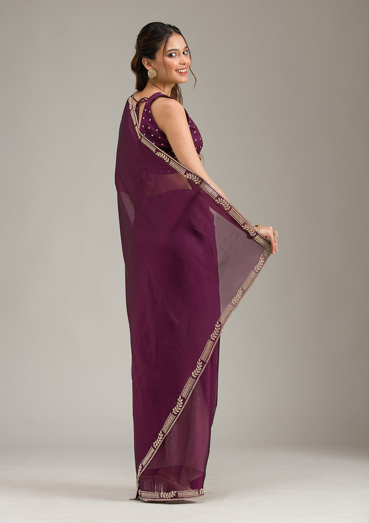 Wine Georgette Gold Stonework Saree With Matching Blouse Piece
