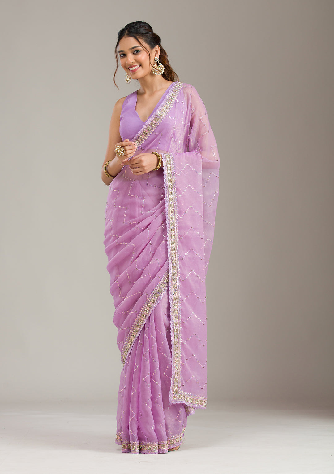 Lavender Tissue Gold Stonework Saree With Matching Blouse Piece