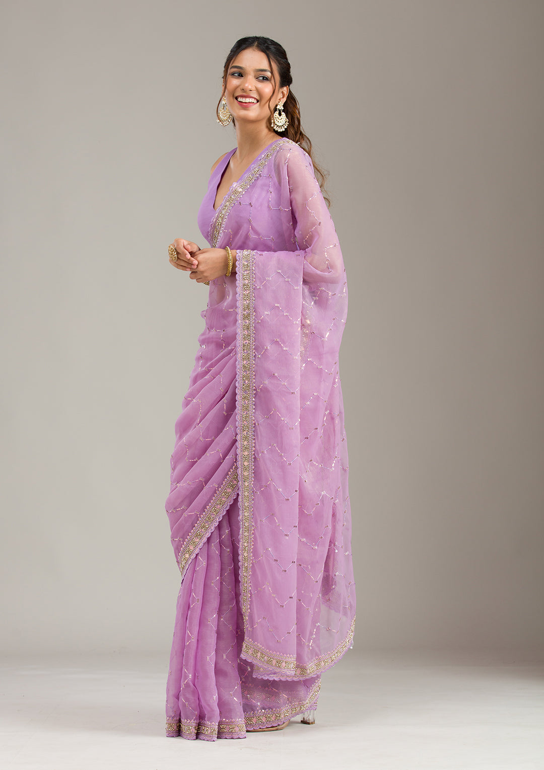 Lavender Tissue Gold Stonework Saree With Matching Blouse Piece