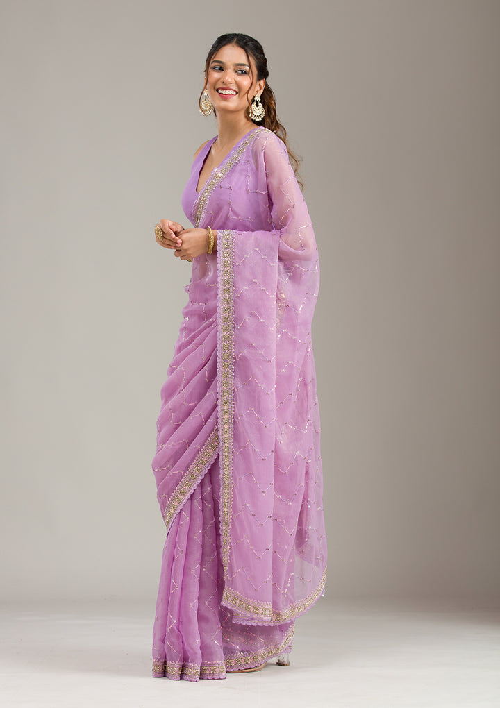 Lavender Tissue Gold Stonework Saree With Matching Blouse Piece