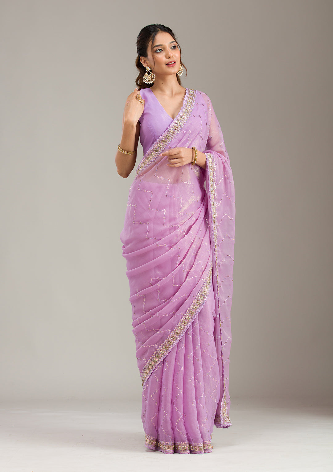 Lavender Tissue Gold Stonework Saree With Matching Blouse Piece