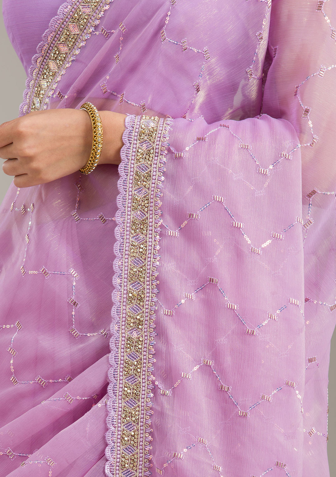 Lavender Tissue Gold Stonework Saree With Matching Blouse Piece