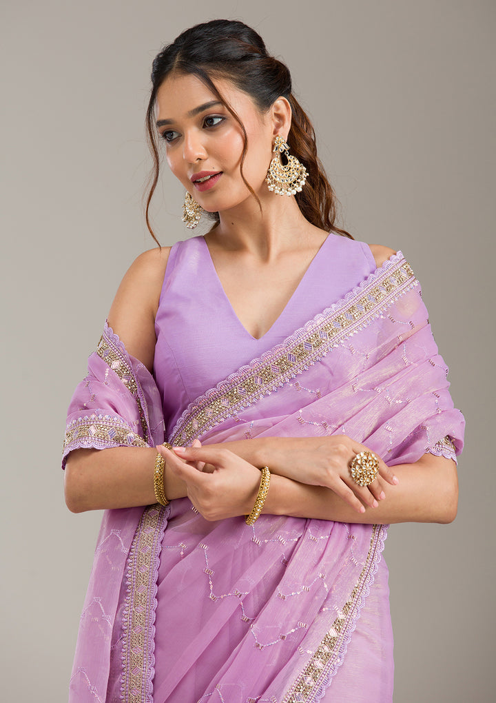 Lavender Tissue Gold Stonework Saree With Matching Blouse Piece