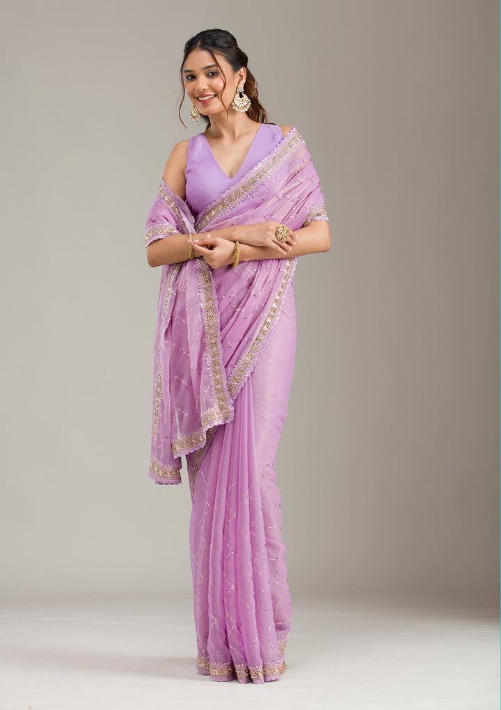 Lavender Tissue Gold Stonework Saree With Matching Blouse Piece