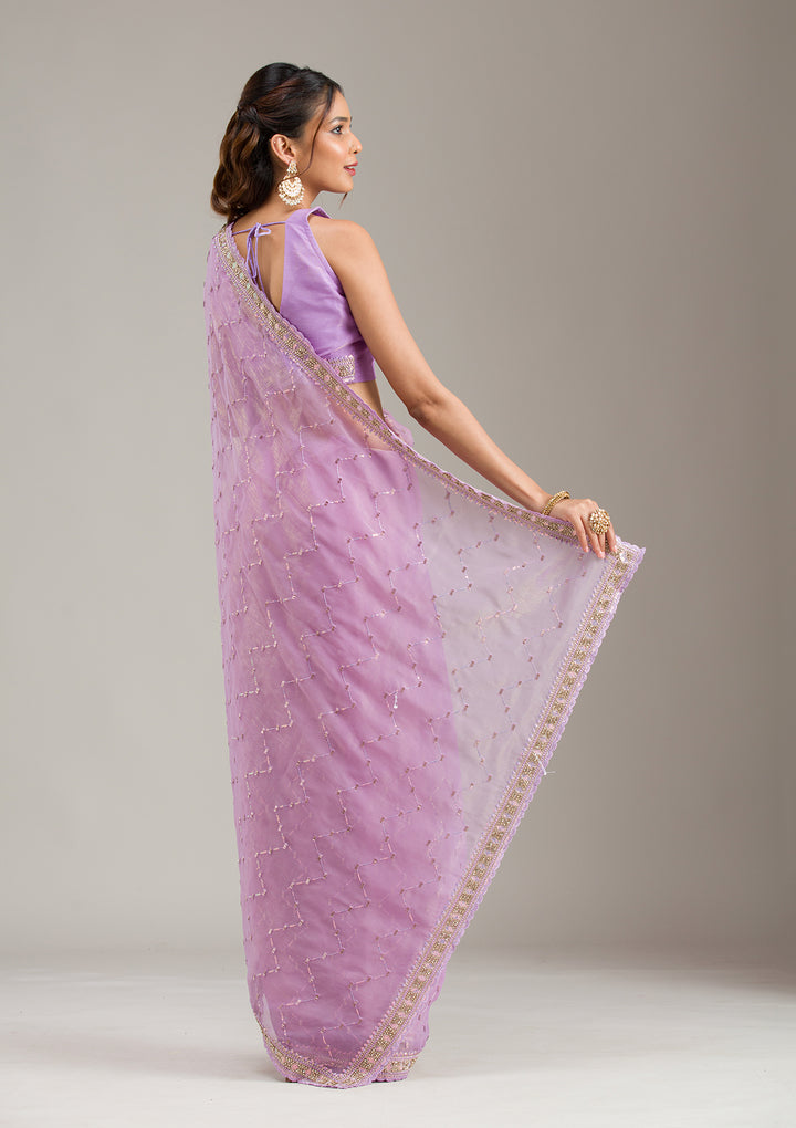 Lavender Tissue Gold Stonework Saree With Matching Blouse Piece