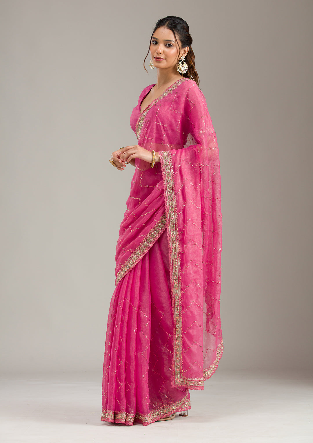 Pink Stonework (Gold) Tissue Saree
