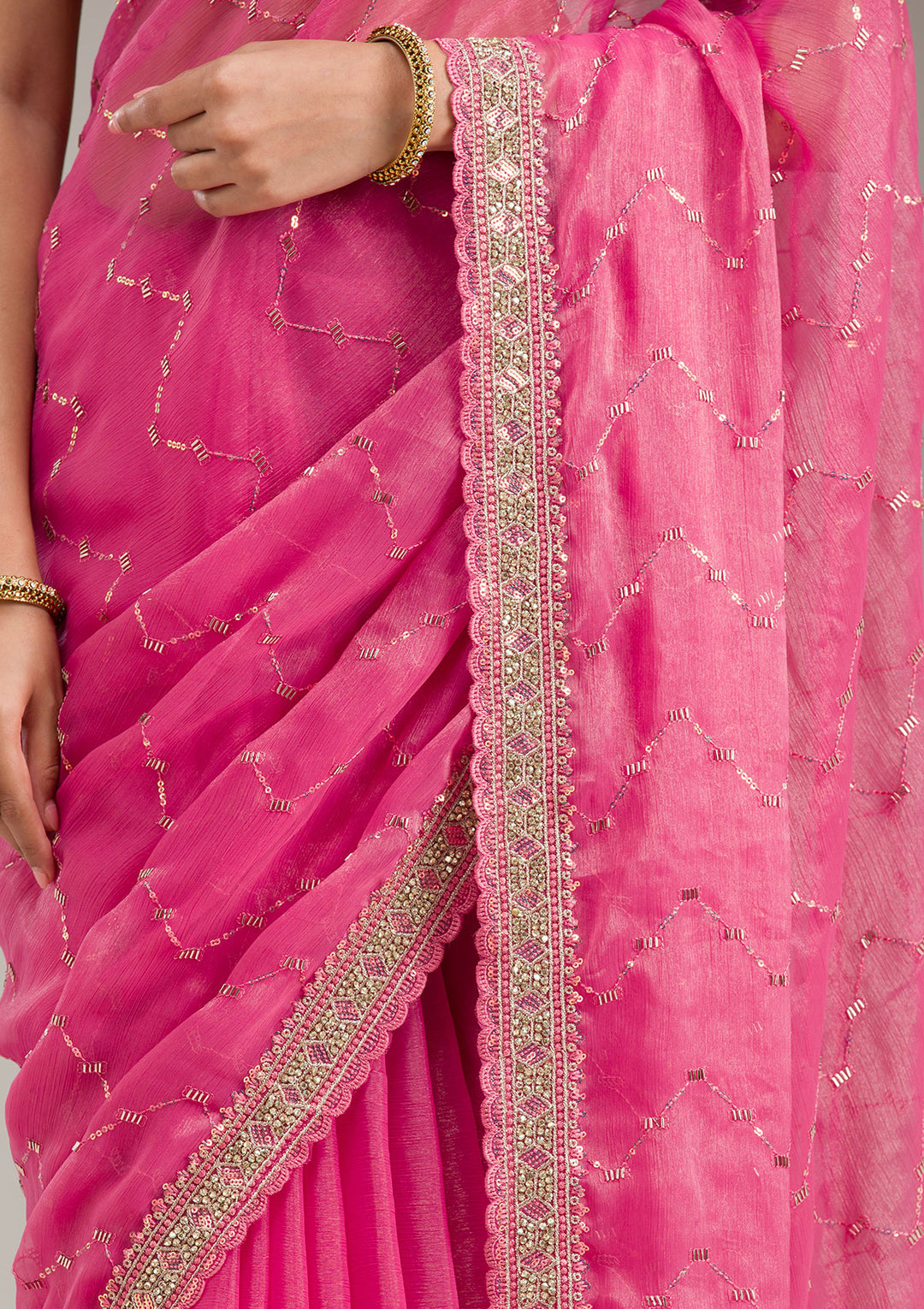 Pink Stonework (Gold) Tissue Saree