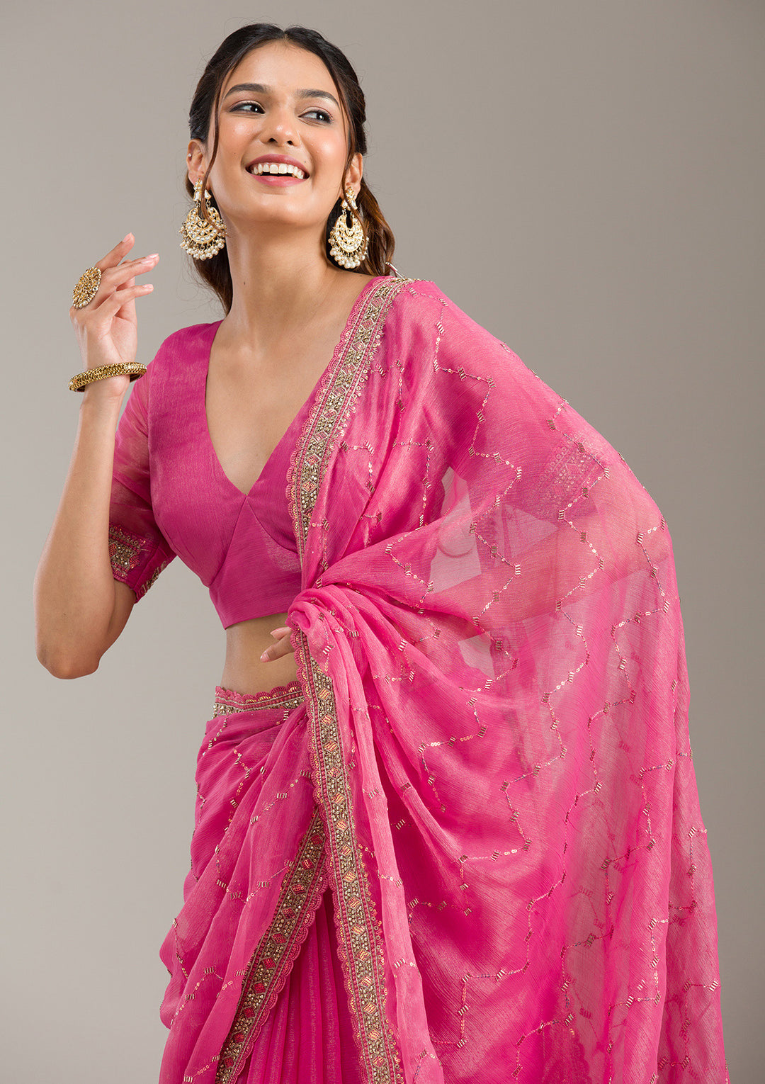 Pink Stonework (Gold) Tissue Saree