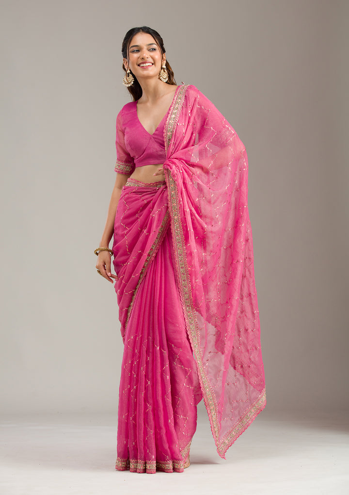 Pink Stonework (Gold) Tissue Saree