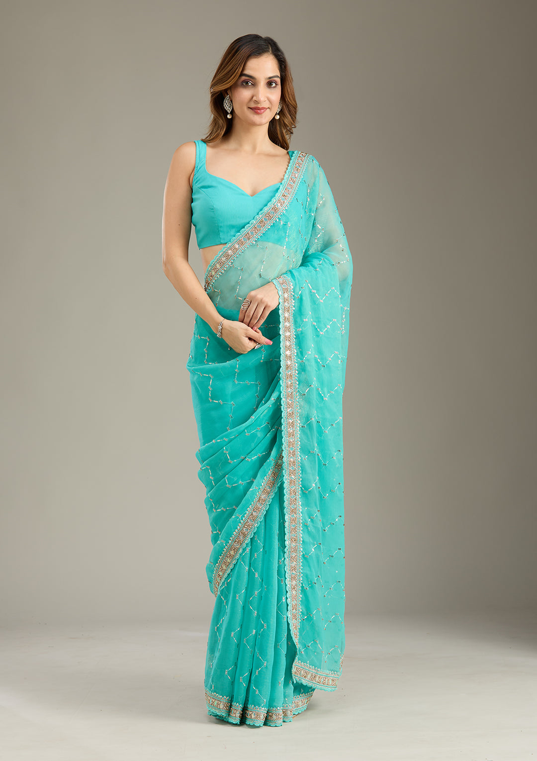Sea Green Tissue Gold Stonework Saree With Matching Blouse Piece