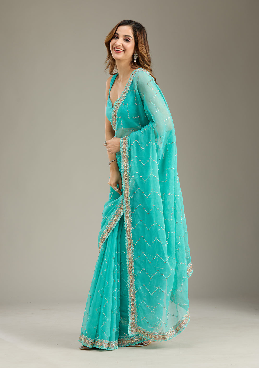 Sea Green Tissue Gold Stonework Saree With Matching Blouse Piece